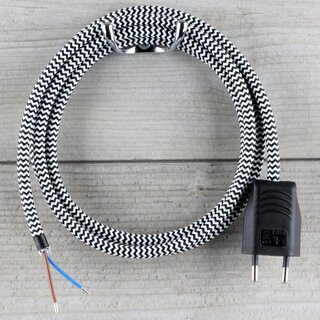 Textilkabel Anschlussleitung Zuleitung 1-5m schwarz-wei Zick Zack mit Euro-Flachstecker