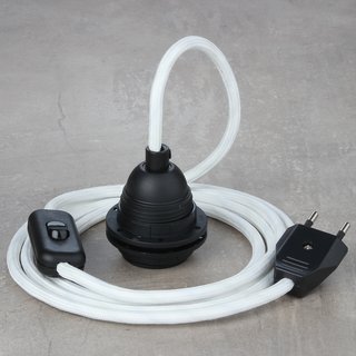 Textilkabel Lampenpendel weiß mit E27 Kunststoff Lampenfassung Schnurschalter und Euro-Flachstecker schwarz